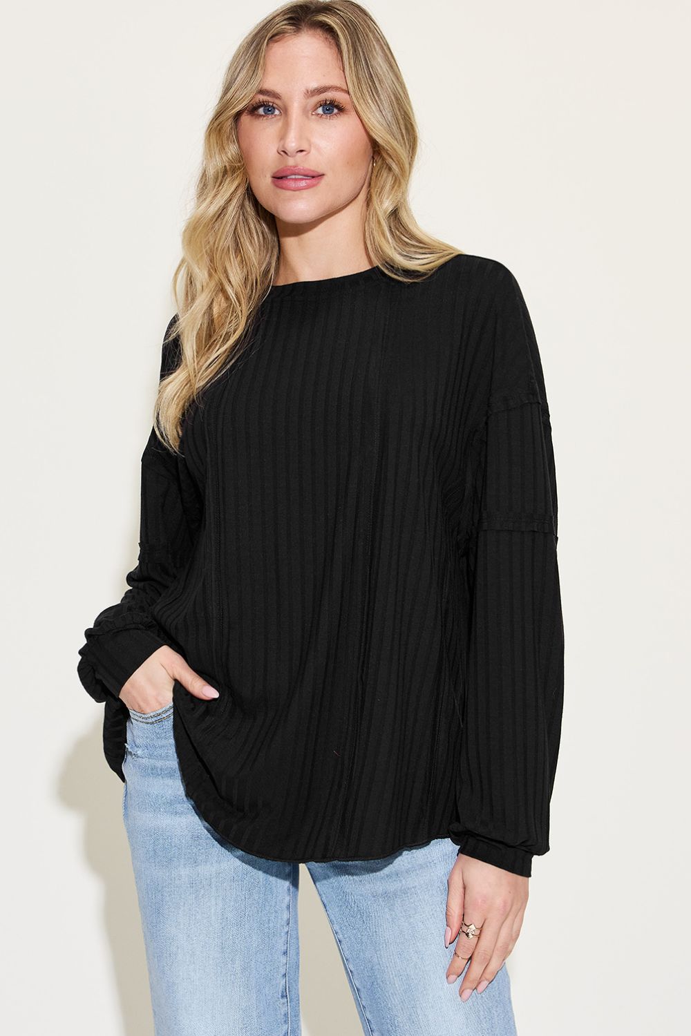 Basic Bae Full Size Ribbed Round Neck Long Sleeve T-Shirt - Black / S - TOPS - Dark brown