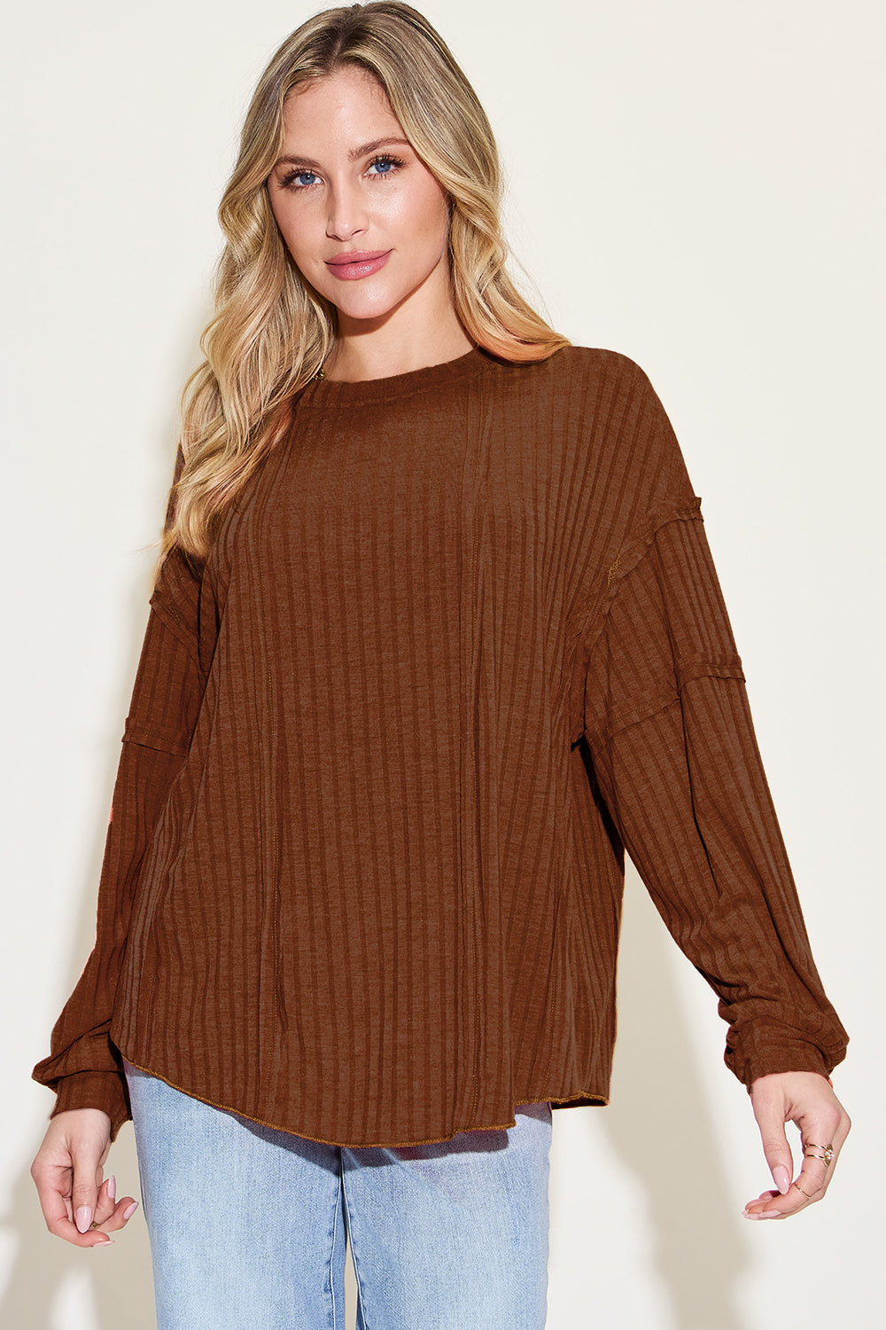 Basic Bae Full Size Ribbed Round Neck Long Sleeve T-Shirt - Dark Brown / S - TOPS - Dark brown