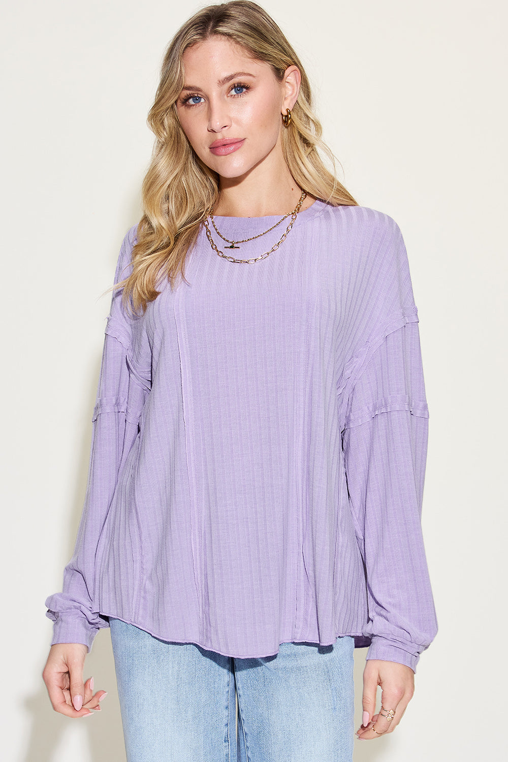 Basic Bae Full Size Ribbed Round Neck Long Sleeve T-Shirt - Lavender / S - TOPS - Dark brown