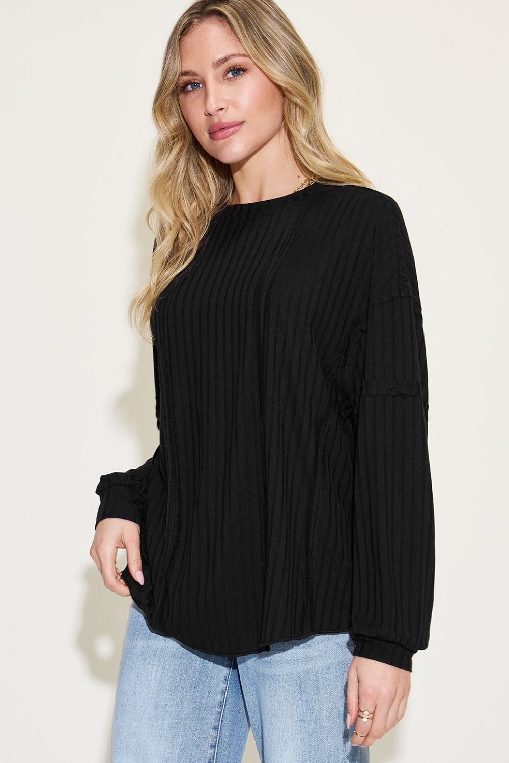 Basic Bae Full Size Ribbed Round Neck Long Sleeve T-Shirt - TOPS - Dark brown