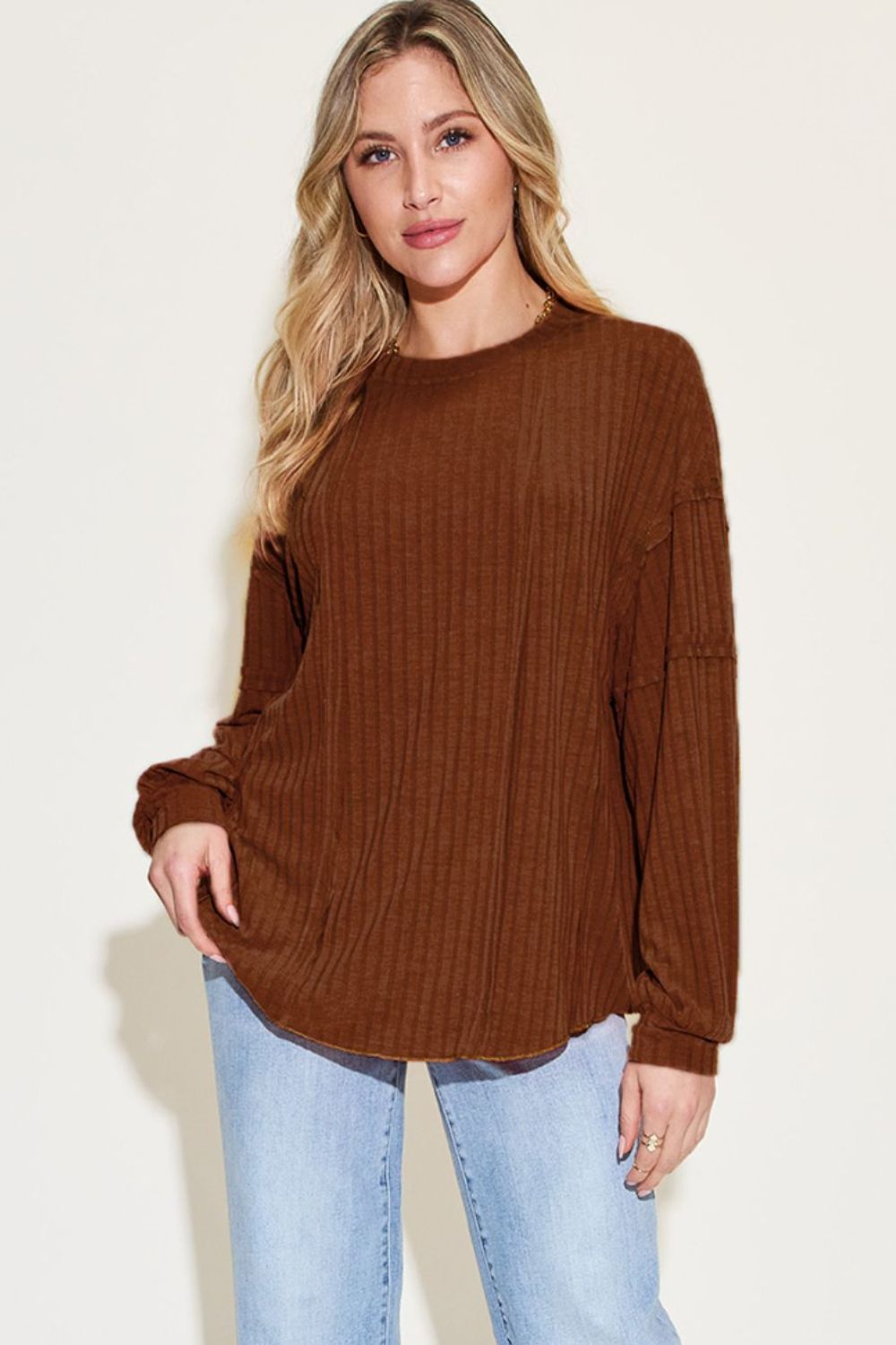 Basic Bae Full Size Ribbed Round Neck Long Sleeve T-Shirt - TOPS - Dark brown