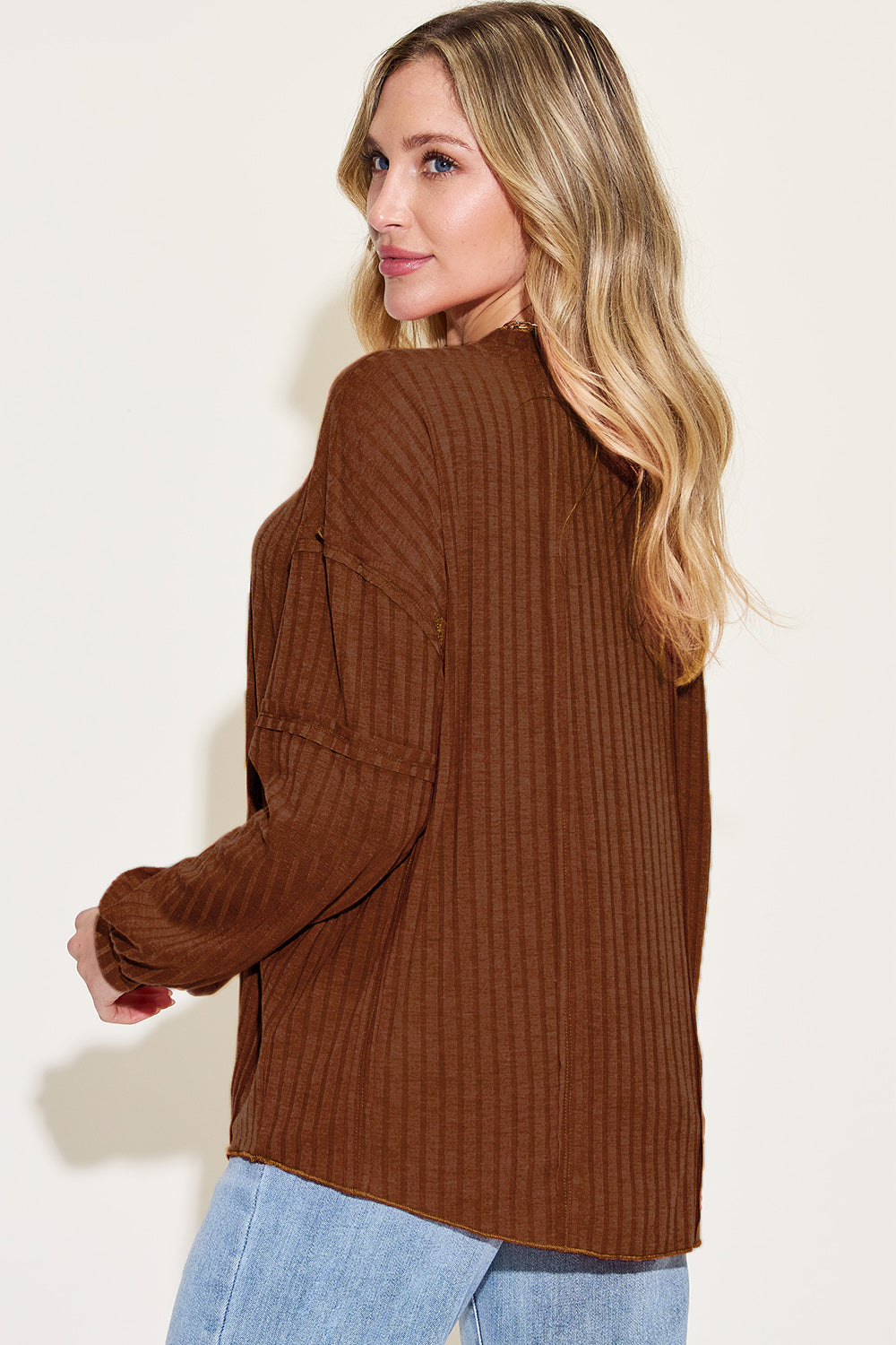 Basic Bae Full Size Ribbed Round Neck Long Sleeve T-Shirt - TOPS - Dark brown