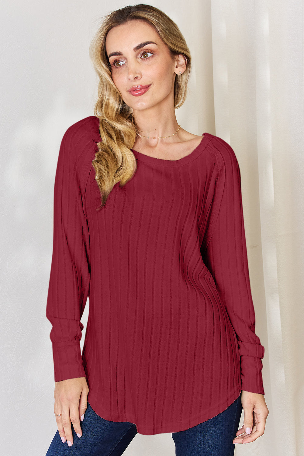 Basic Bae Full Size Ribbed Round Neck Slit T-Shirt - Deep Red / S - TOPS - Mixed