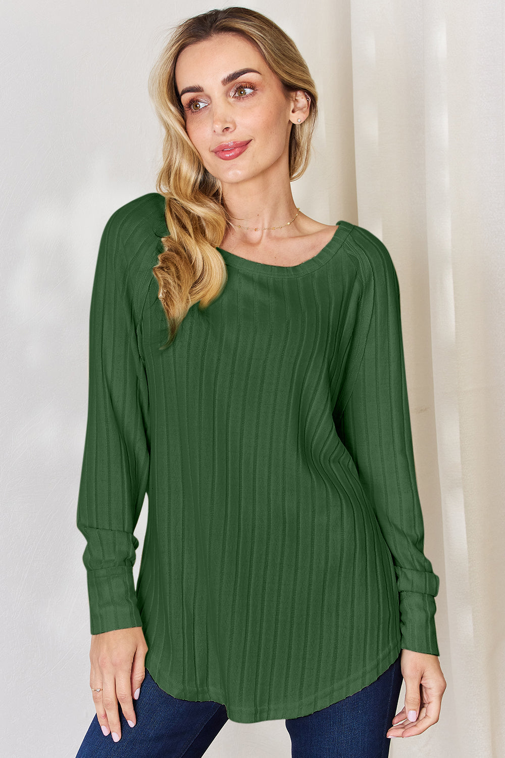 Basic Bae Full Size Ribbed Round Neck Slit T-Shirt - Green / S - TOPS - Mixed