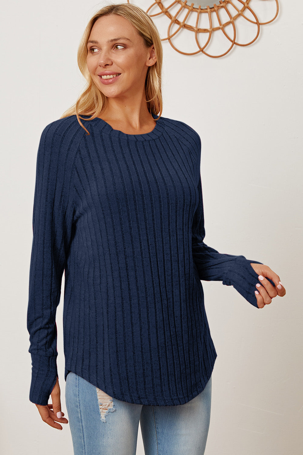 Basic Bae Full Size Ribbed Thumbhole Sleeve T-Shirt - Dark Blue / S - TOPS - Mixed