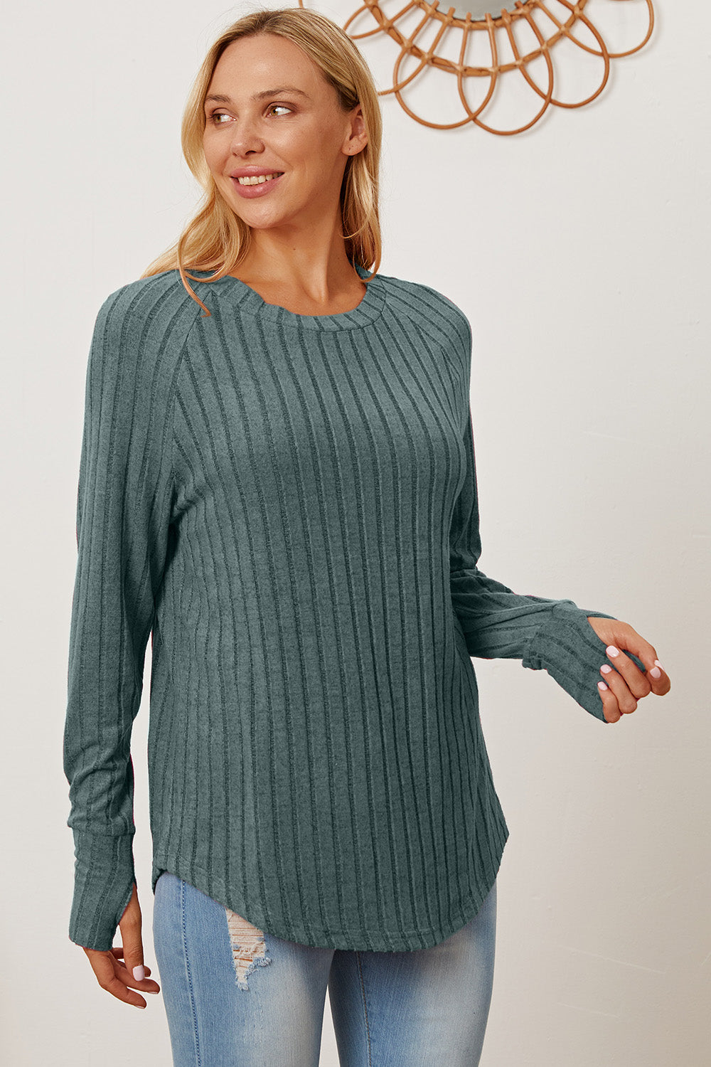 Basic Bae Full Size Ribbed Thumbhole Sleeve T-Shirt - Turquoise / S - TOPS - Mixed