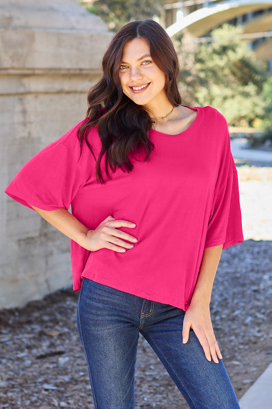 Basic Bae Full Size Round Neck Drop Shoulder T-Shirt - Hot Pink / S - TOPS - Hot pink