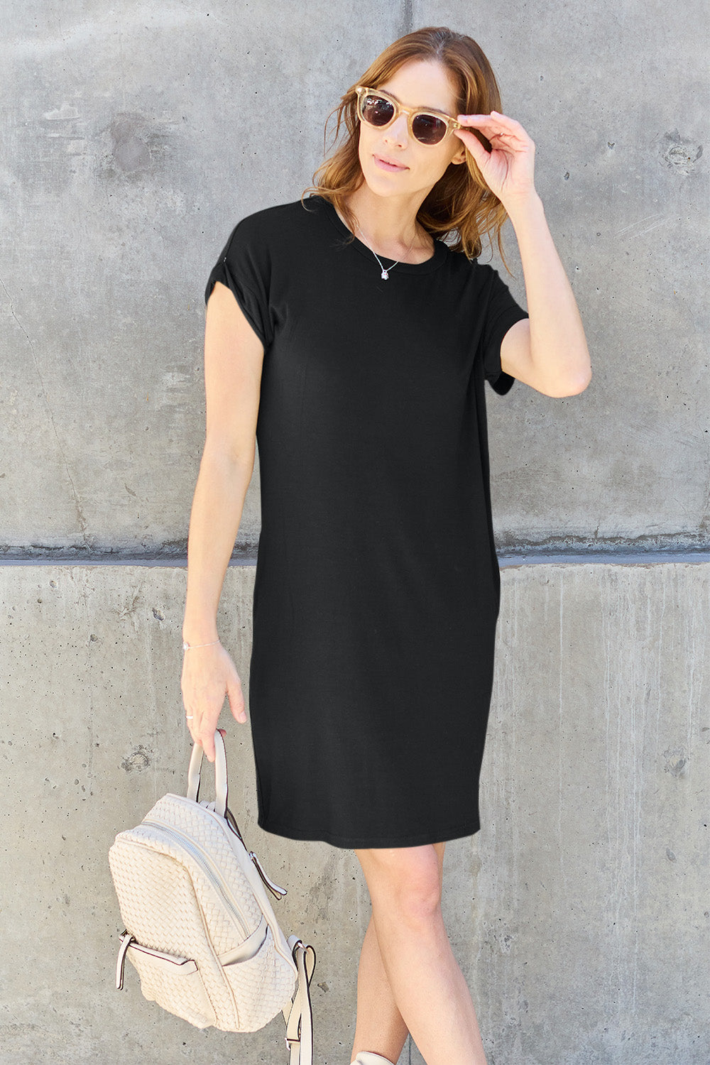 Basic Bae Full Size Round Neck Short Sleeve Dress with Pockets - Black / S - DRESSES - Mocha