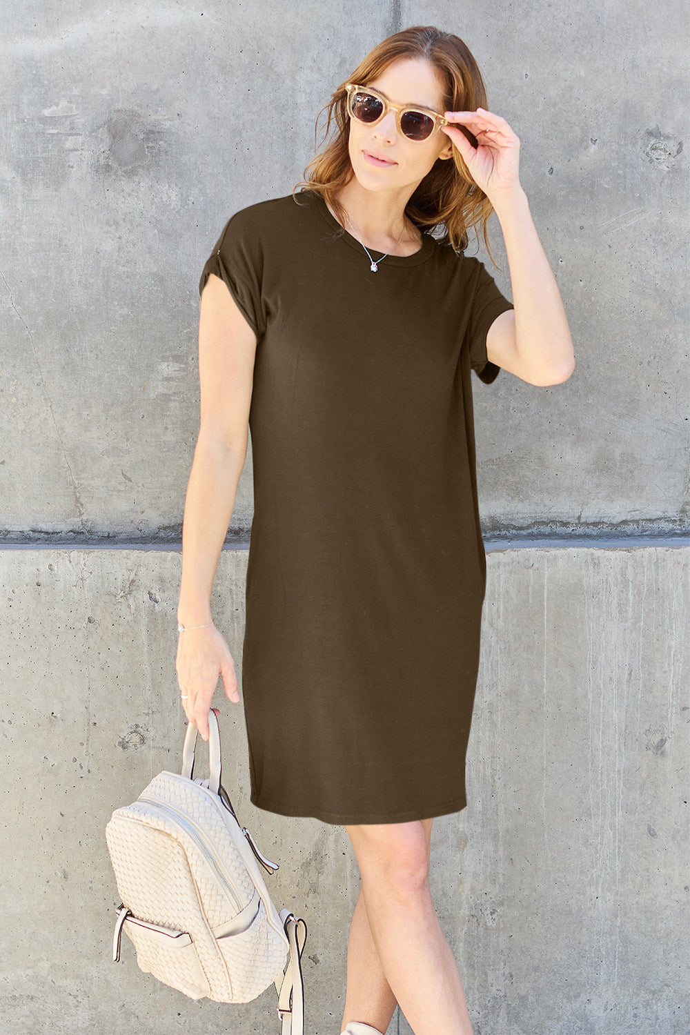 Basic Bae Full Size Round Neck Short Sleeve Dress with Pockets - DRESSES - Mocha