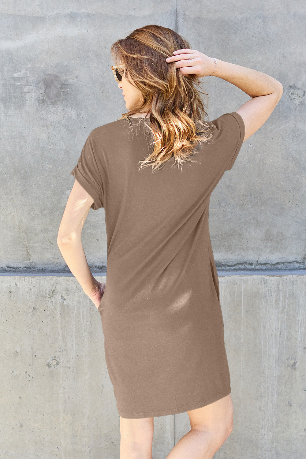 Basic Bae Full Size Round Neck Short Sleeve Dress with Pockets - DRESSES - Mocha