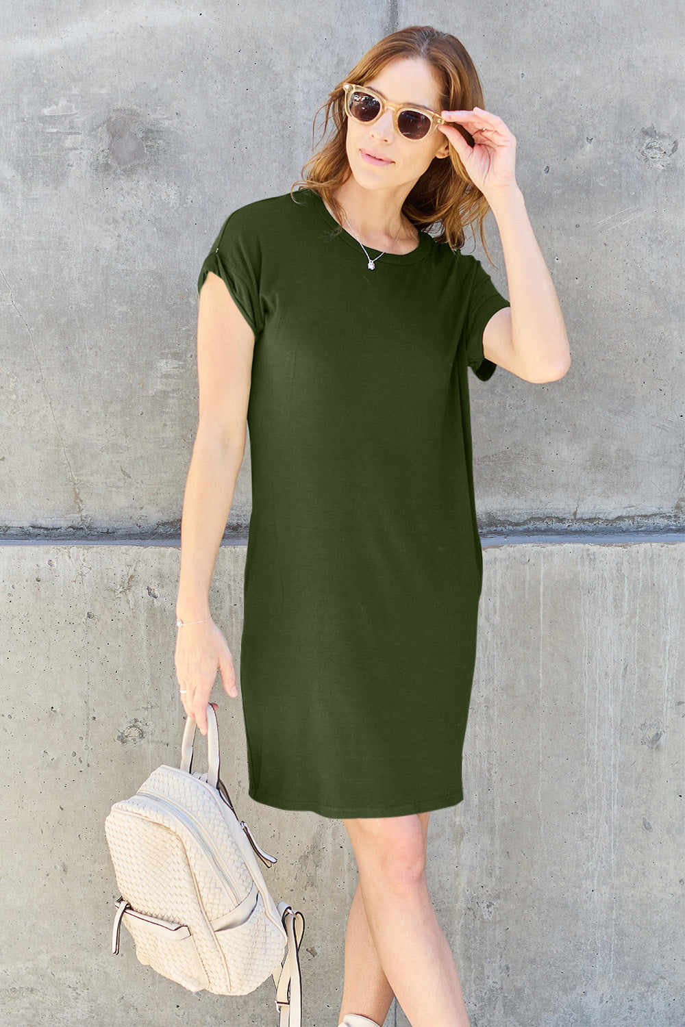 Basic Bae Full Size Round Neck Short Sleeve Dress with Pockets - Matcha Green / S - DRESSES - Mocha