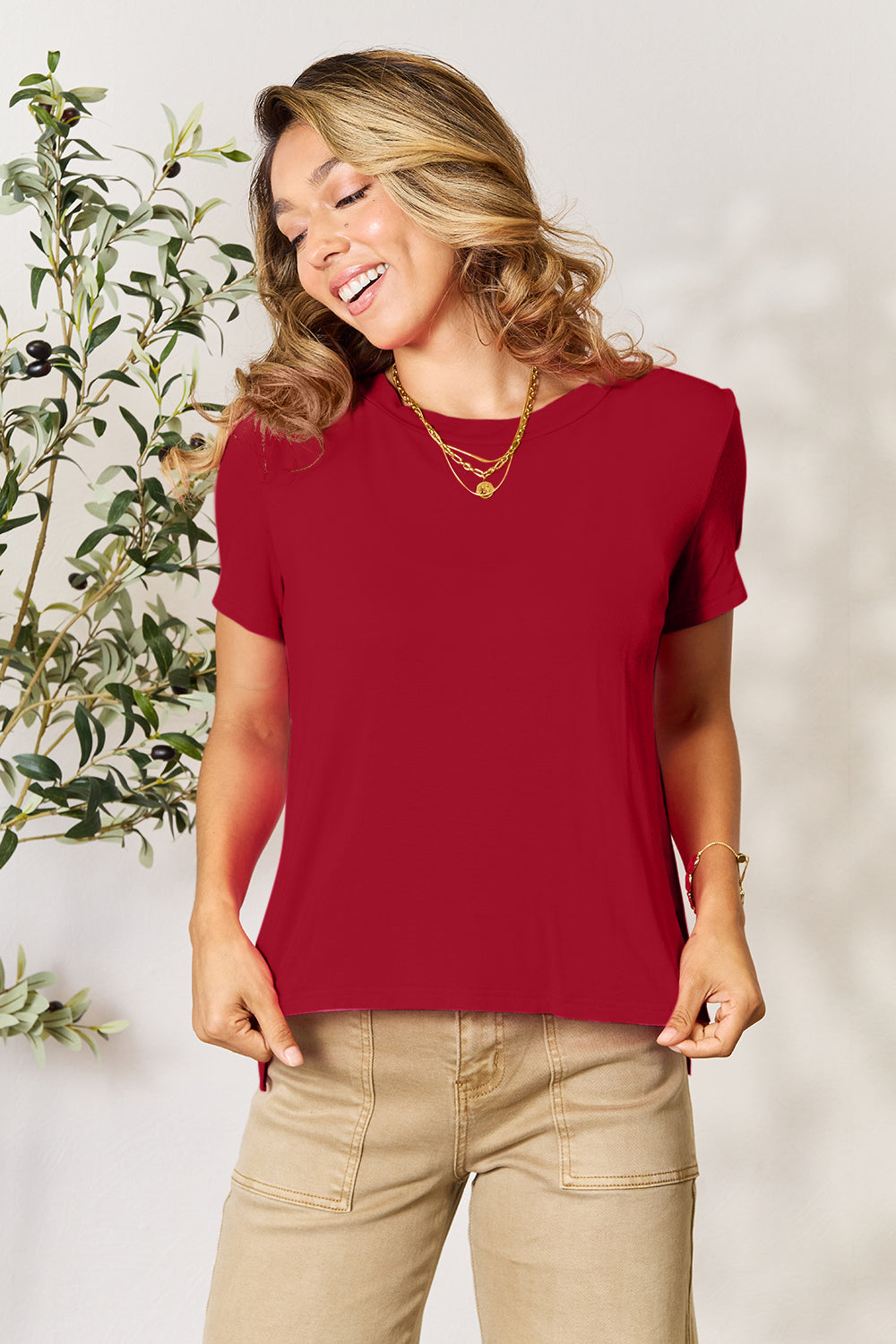 Basic Bae Full Size Round Neck Short Sleeve T-Shirt - Deep Red / S - TOPS - Mixed