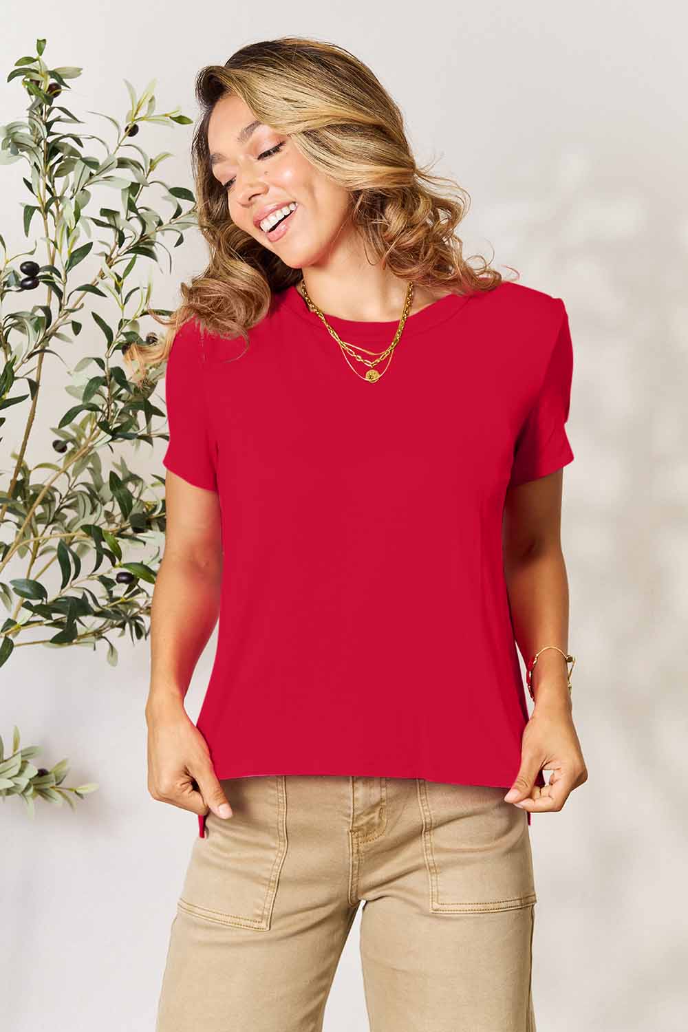 Basic Bae Full Size Round Neck Short Sleeve T-Shirt - Red / S - TOPS - Mixed