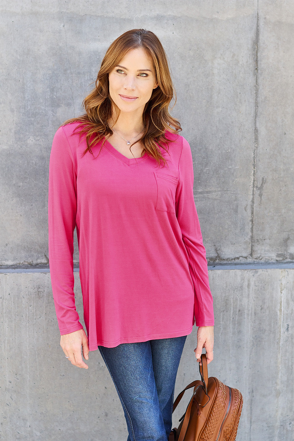 Basic Bae Full Size V-Neck Long Sleeve Top - Hot Pink / S - TOPS - Mixed