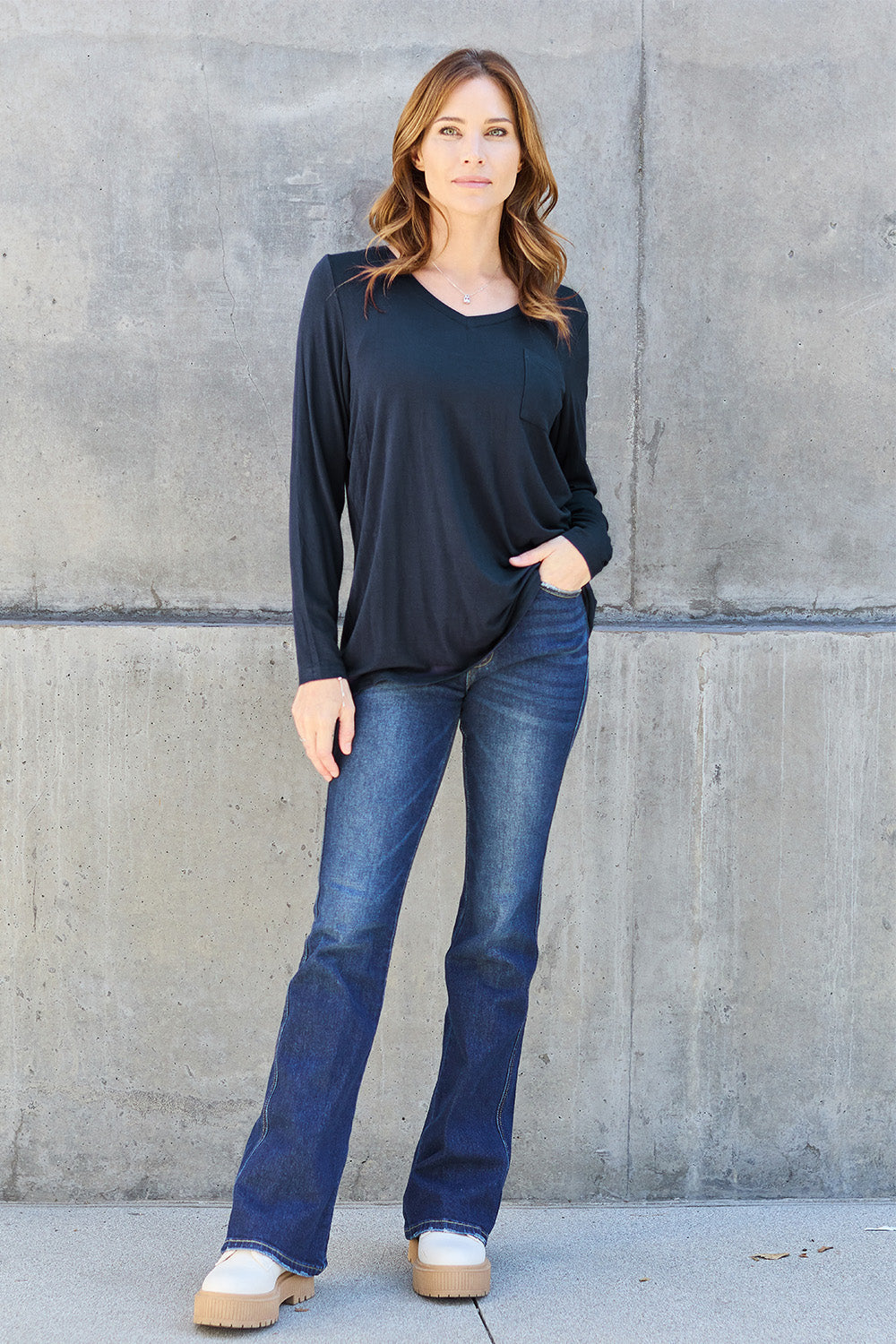 Basic Bae Full Size V-Neck Long Sleeve Top - TOPS - Mixed