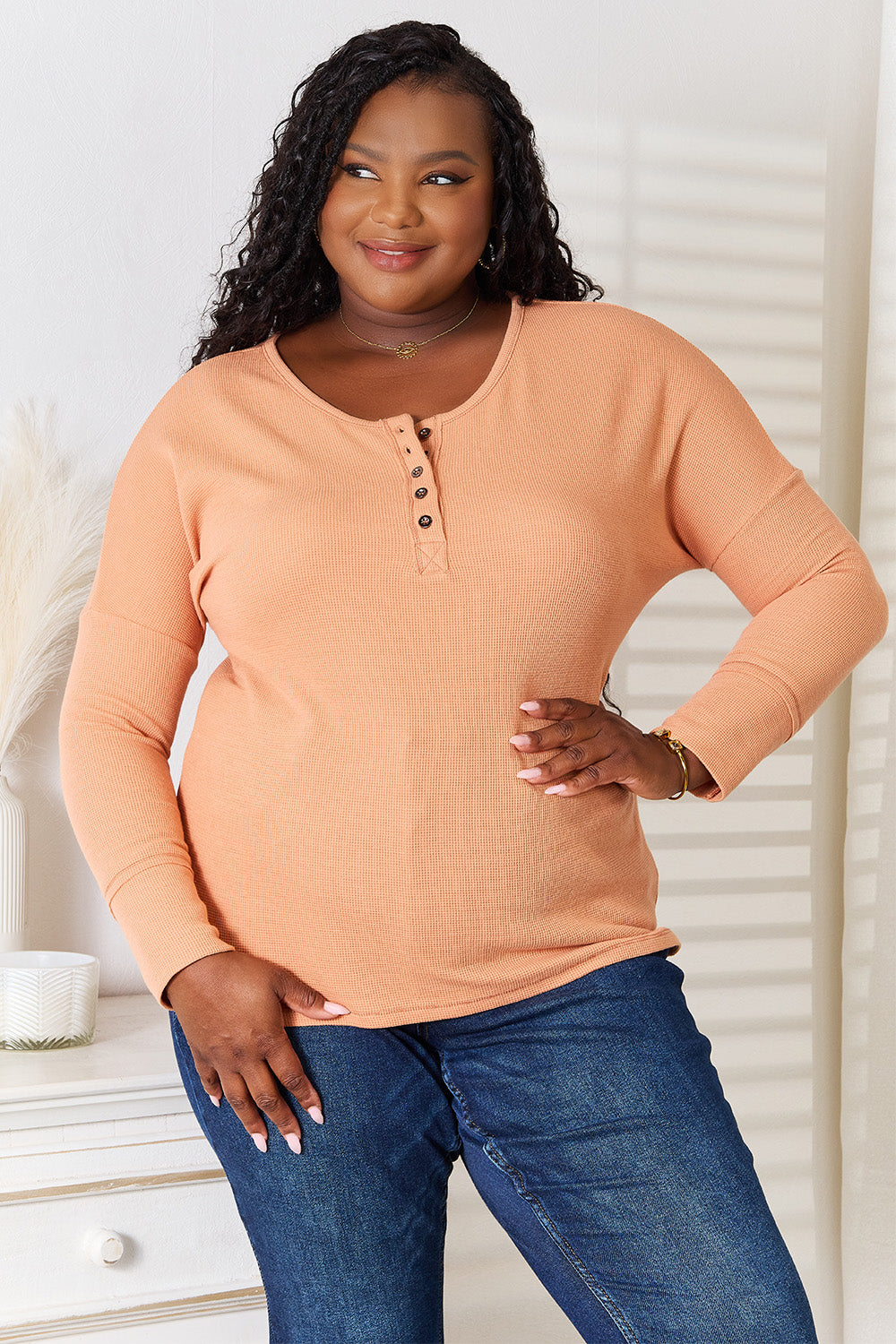 Basic Bae Half Button Long Sleeve Top - Caramel / S - TOPS - Caramel