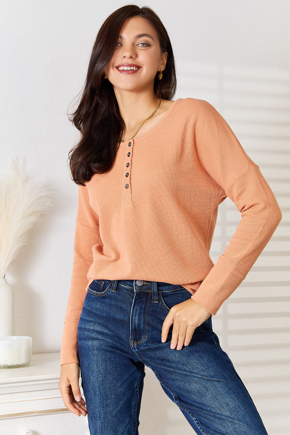 Basic Bae Half Button Long Sleeve Top - TOPS - Caramel