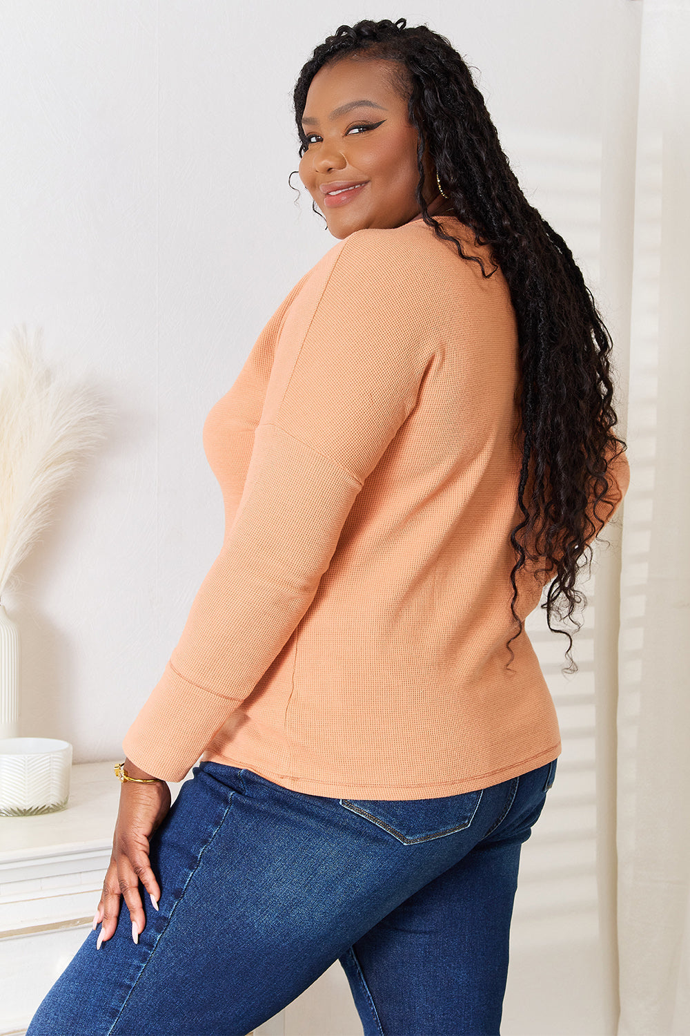 Basic Bae Half Button Long Sleeve Top - TOPS - Caramel