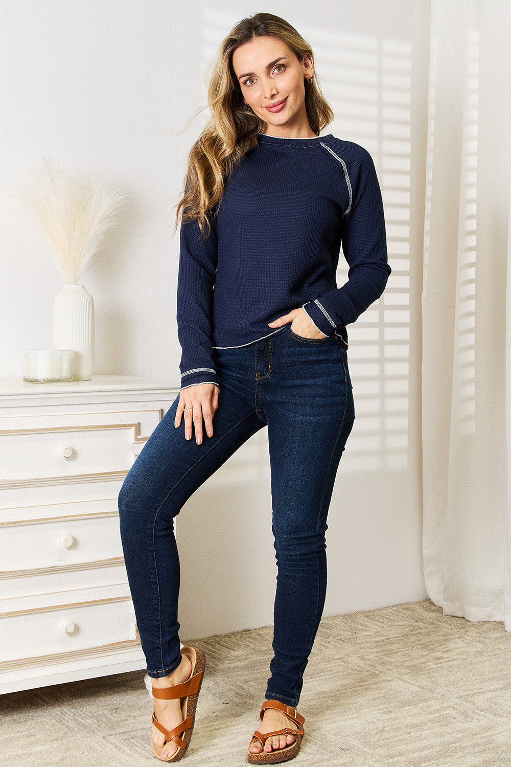 Basic Bae Long Raglan Sleeve Round Neck Top - TOPS - Dark Blue