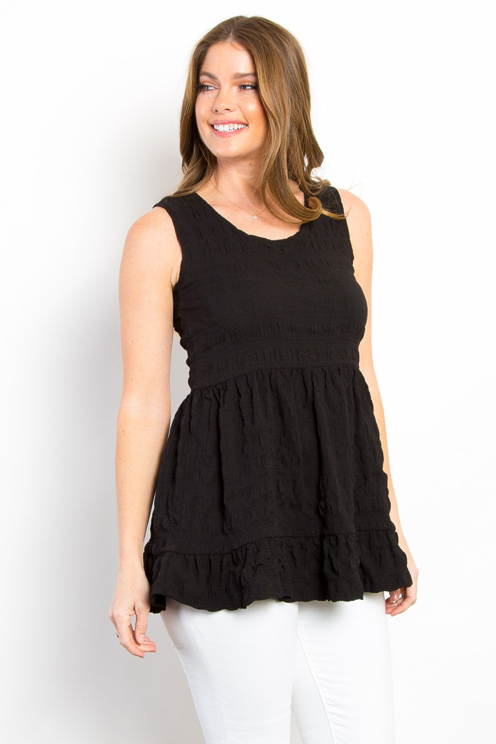 Be Stage Ruffled Sleeveless Babydoll Top - TOPS - Black