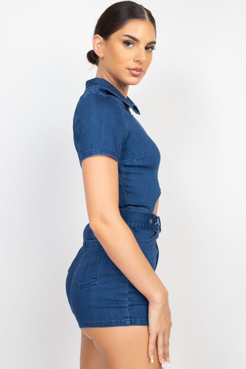 Belted Zip-up Denim Romper Smile Sparker