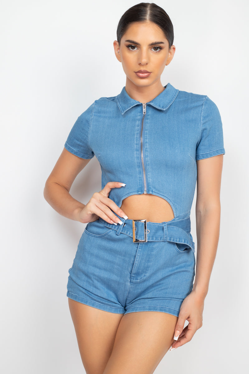 Belted Zip-up Denim Romper Smile Sparker