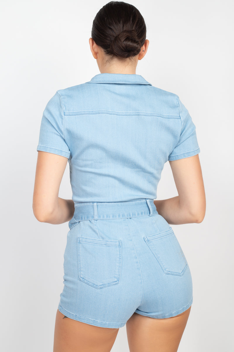 Belted Zip-up Denim Romper Smile Sparker