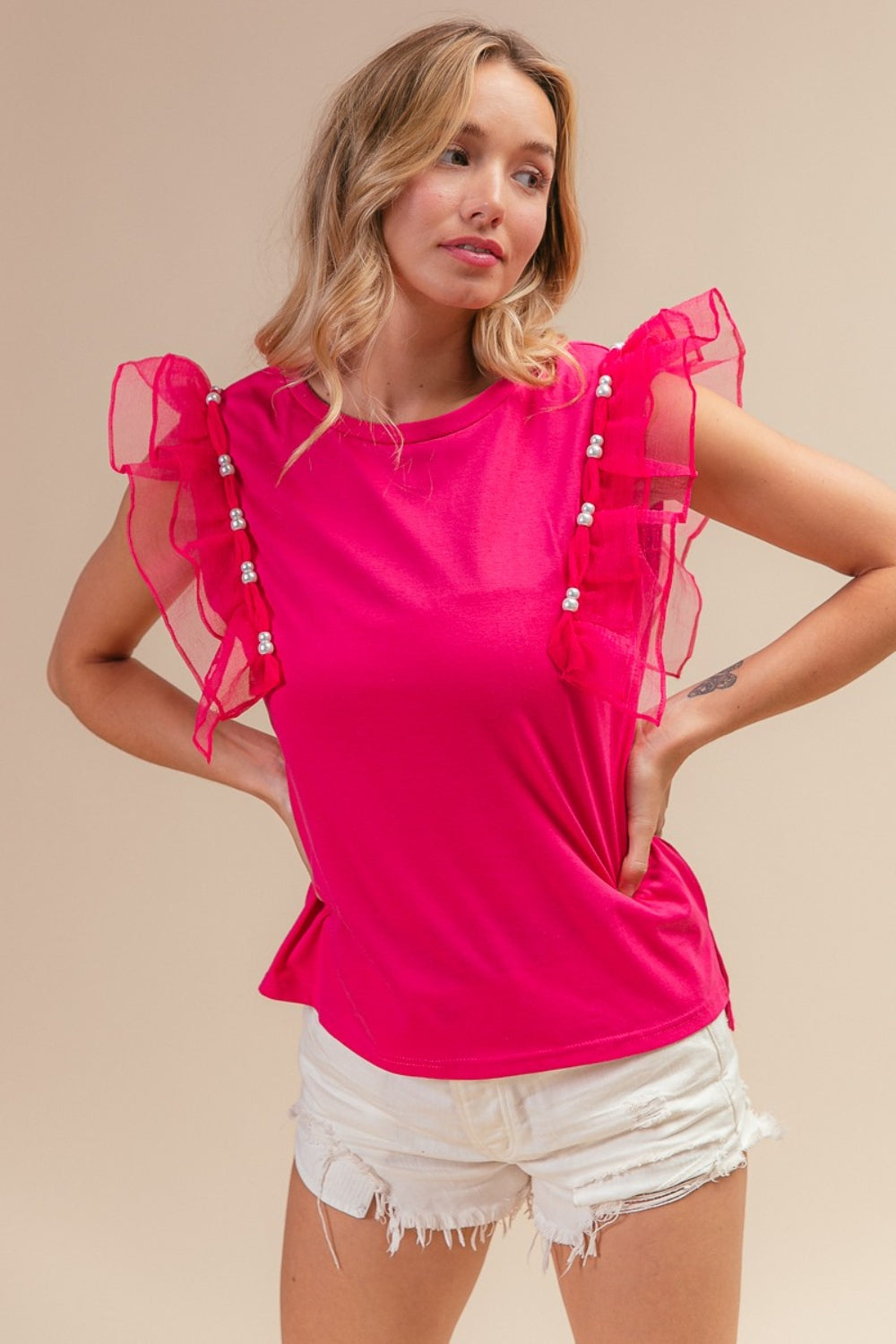 BiBi Pearl Decor Mesh Ruffle Sleeve Top - Fuchsia / S - TOPS - Fuchsia