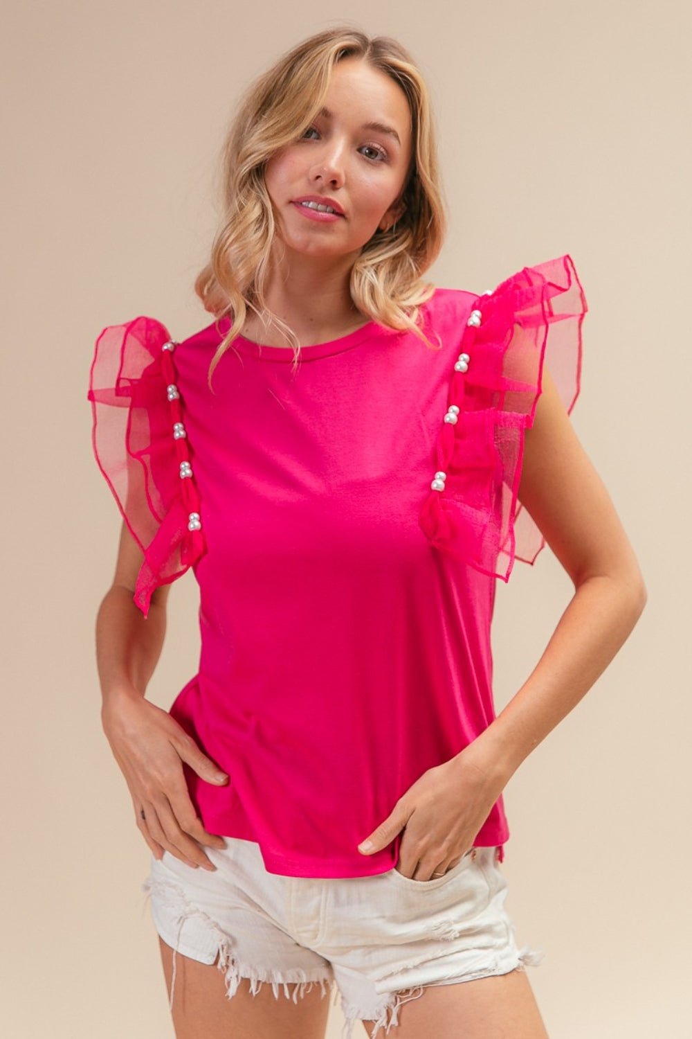 BiBi Pearl Decor Mesh Ruffle Sleeve Top - TOPS - Fuchsia