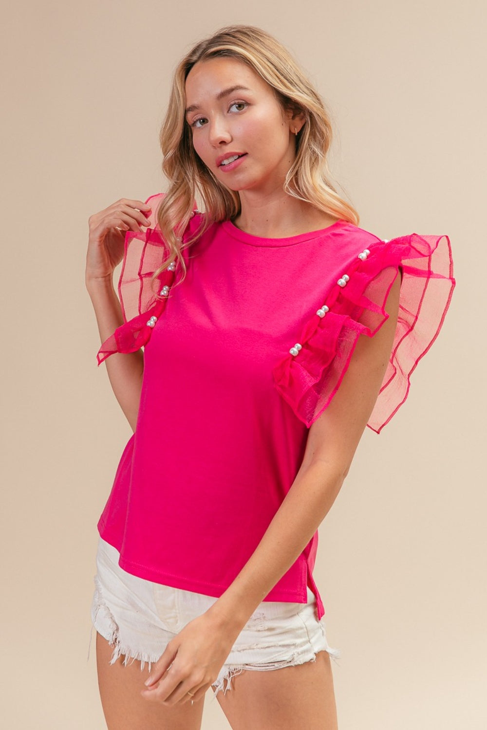 BiBi Pearl Decor Mesh Ruffle Sleeve Top - TOPS - Fuchsia