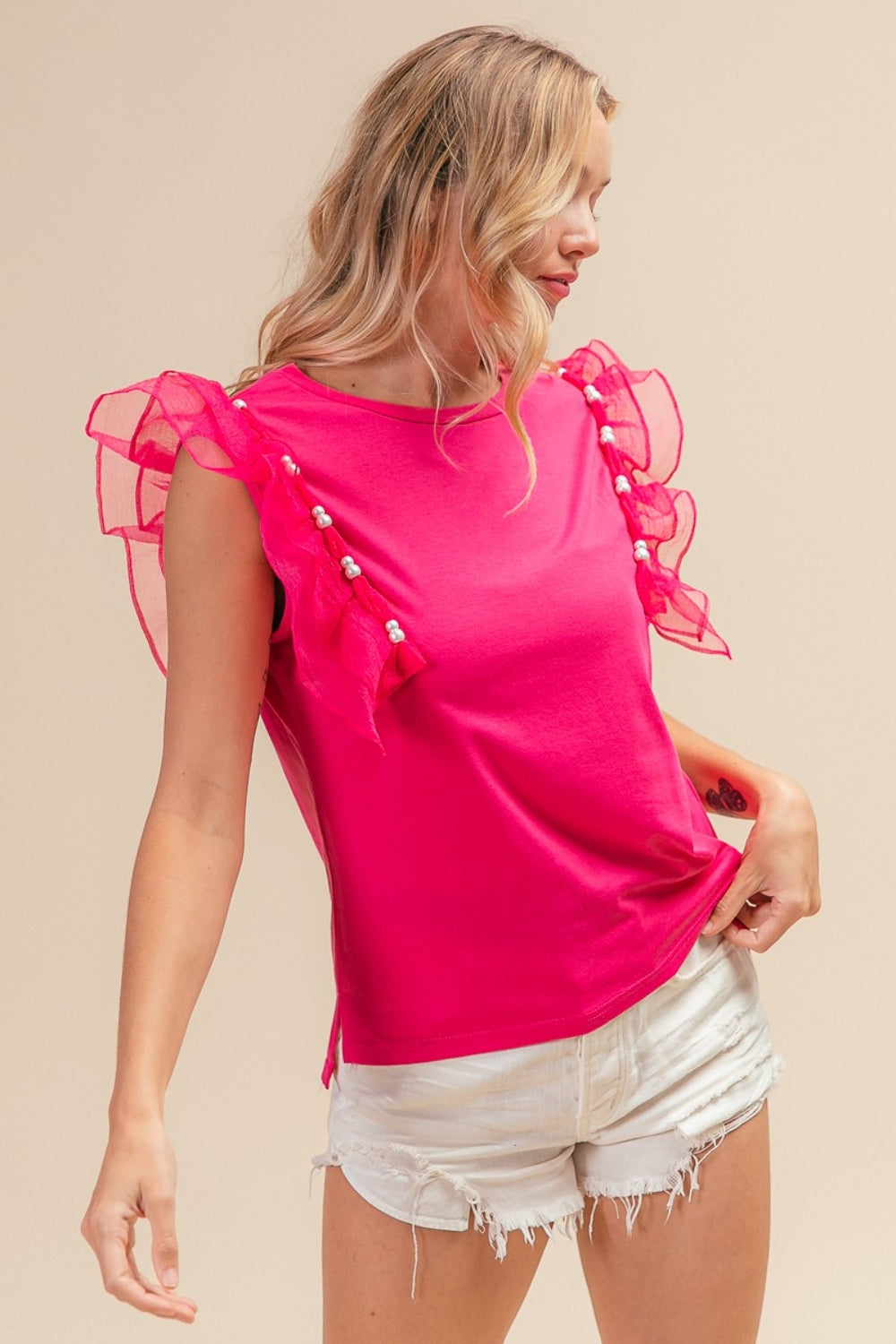 BiBi Pearl Decor Mesh Ruffle Sleeve Top - TOPS - Fuchsia