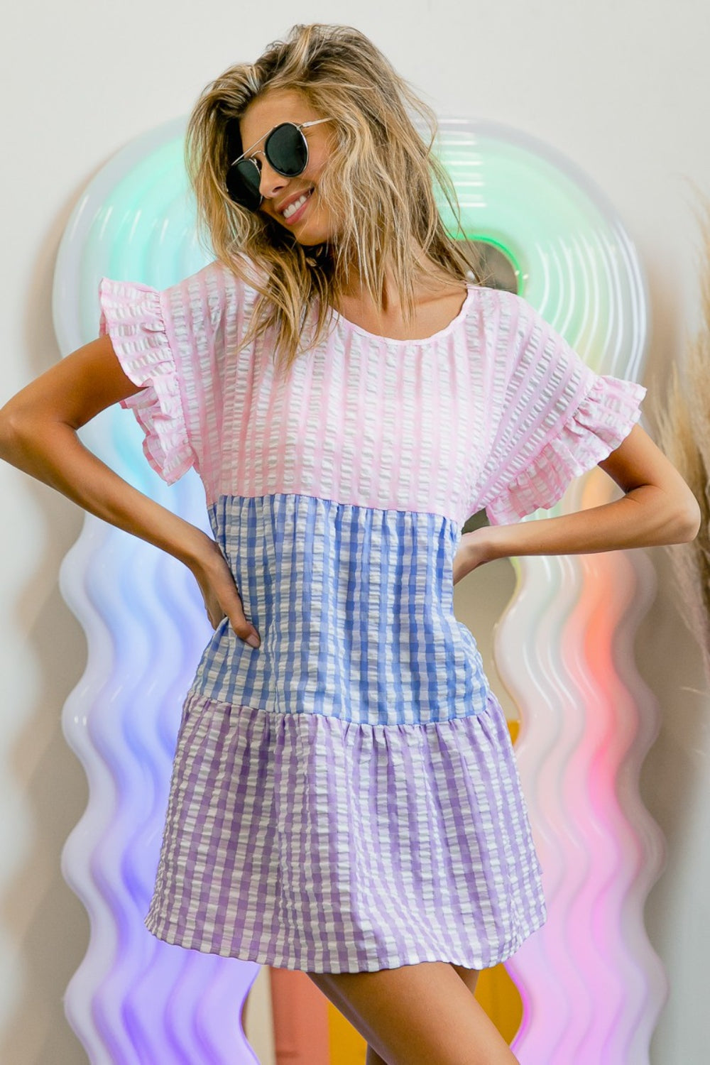 BiBi Plaid Color Block Tiered Top - TOPS - Lavender