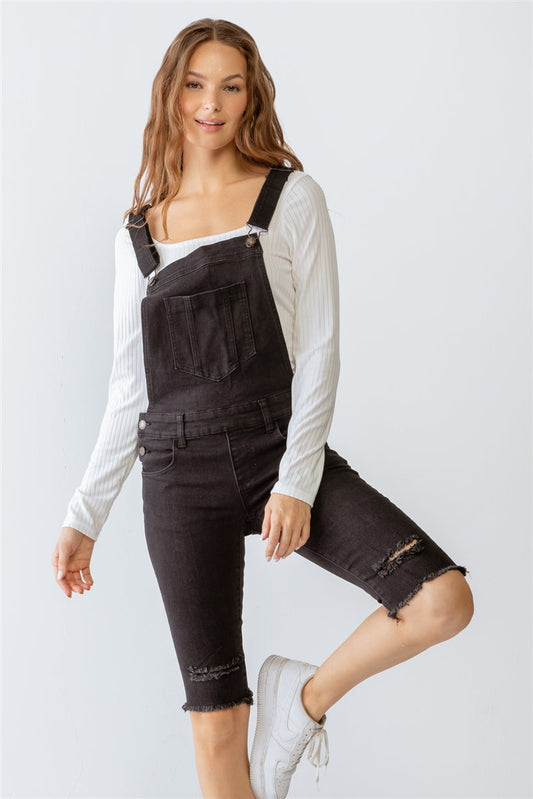 Black Denim Distressed Detail Raw Hem Cropped Bermuda Overall Smile Sparker