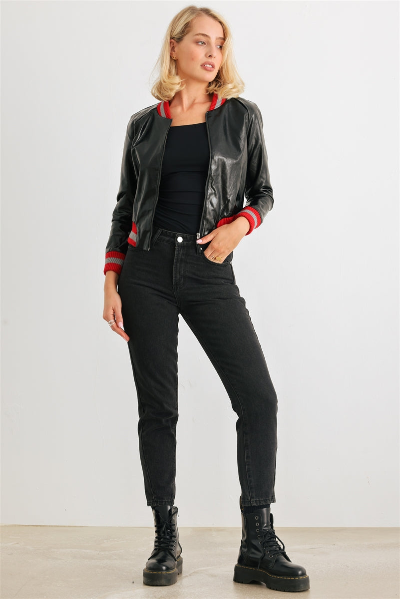 Black & Red Ribbed Vegan Leather Bomber Jacket Smile Sparker