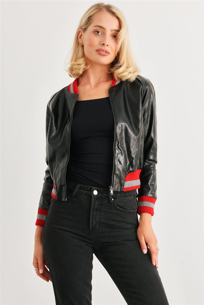 Black & Red Ribbed Vegan Leather Bomber Jacket Smile Sparker