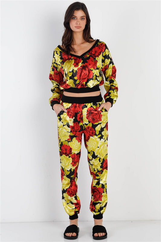 Black & Satin Effect Red & Lime Floral Print V-neck Top & Pants Set Smile Sparker