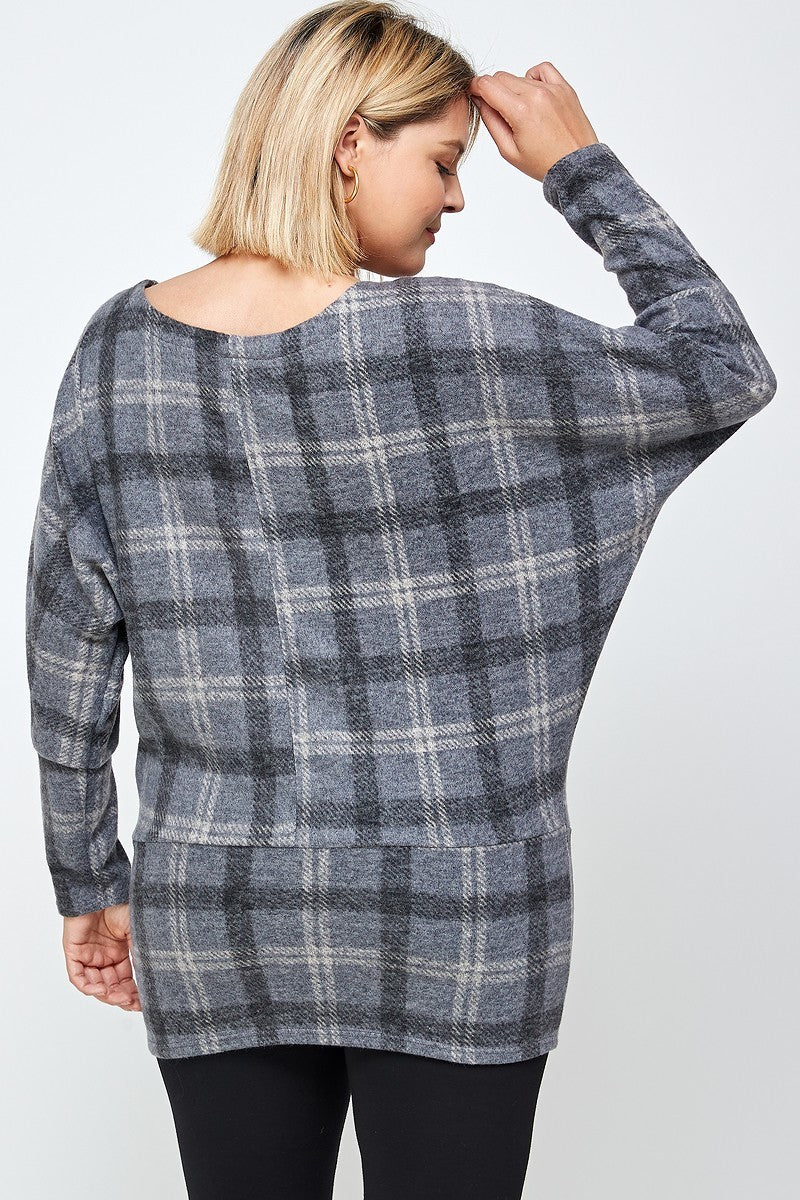 Boat Neck, Plaid Print Tunic Top, With Long Dolman Sleeves Smile Sparker