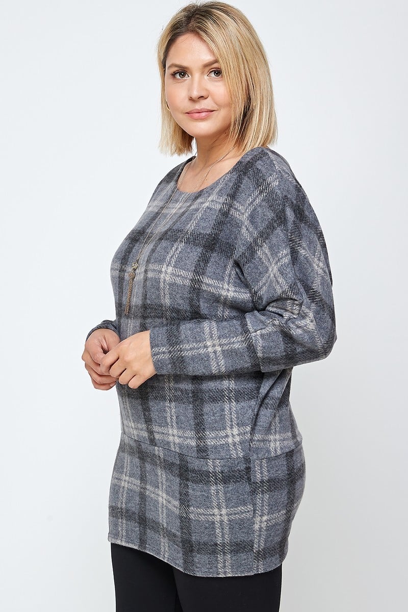 Boat Neck, Plaid Print Tunic Top, With Long Dolman Sleeves Smile Sparker