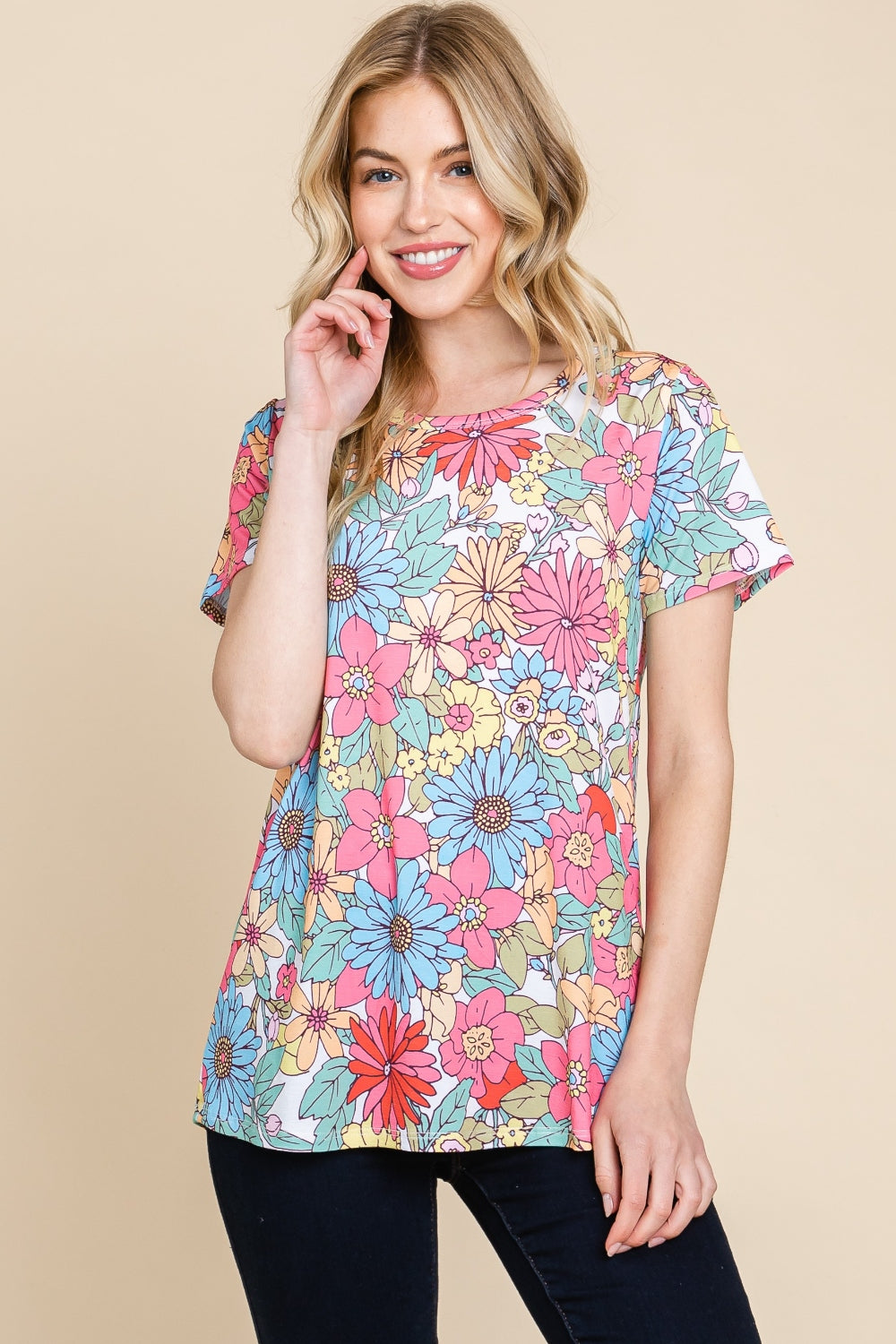 BOMBOM Floral Short Sleeve T-Shirt - Floral / S - TOPS - Floral print