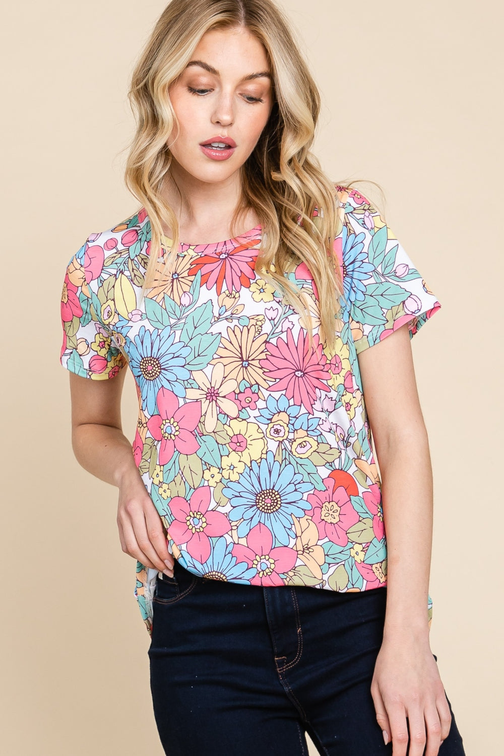 BOMBOM Floral Short Sleeve T-Shirt - TOPS - Floral print