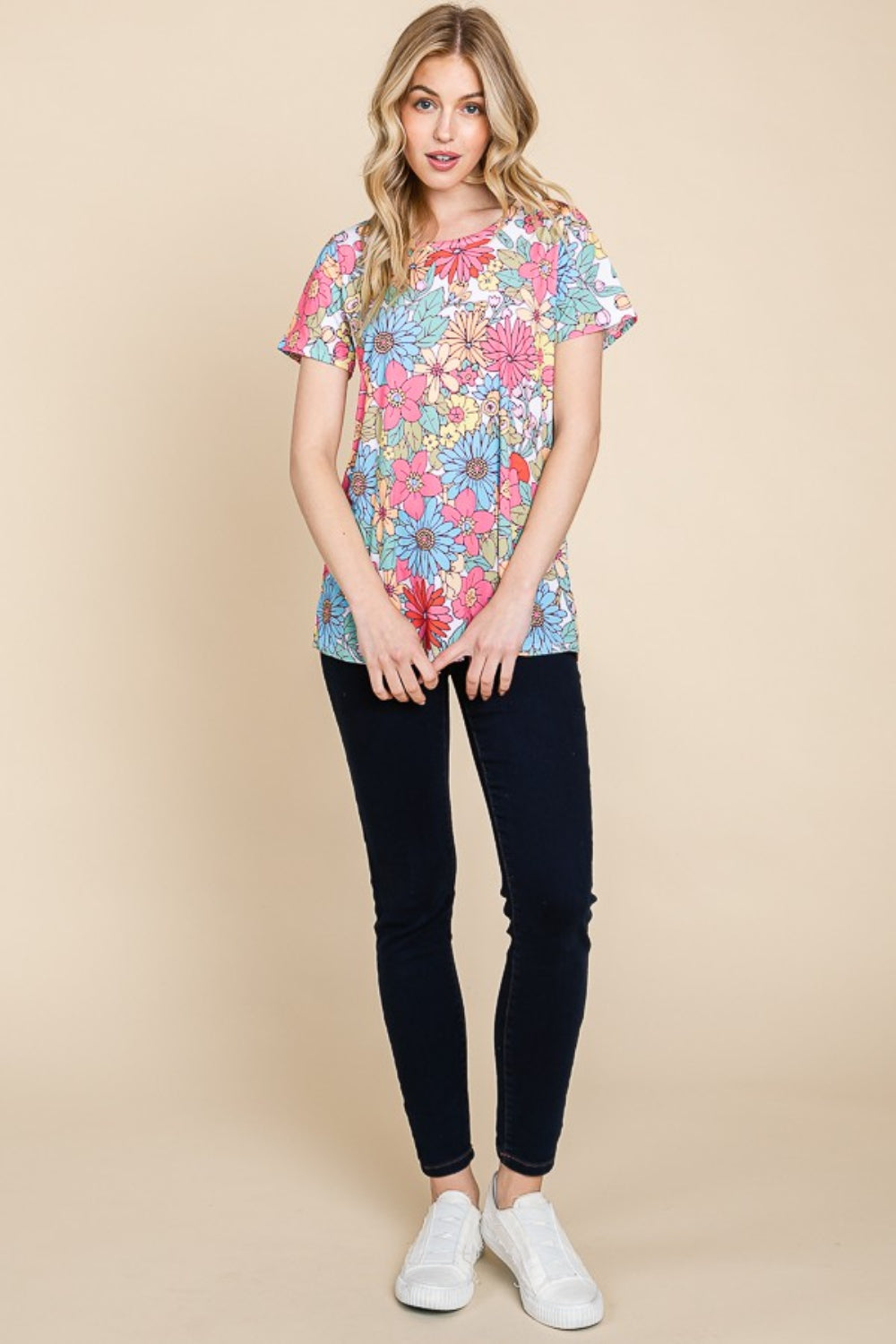 BOMBOM Floral Short Sleeve T-Shirt - TOPS - Floral print