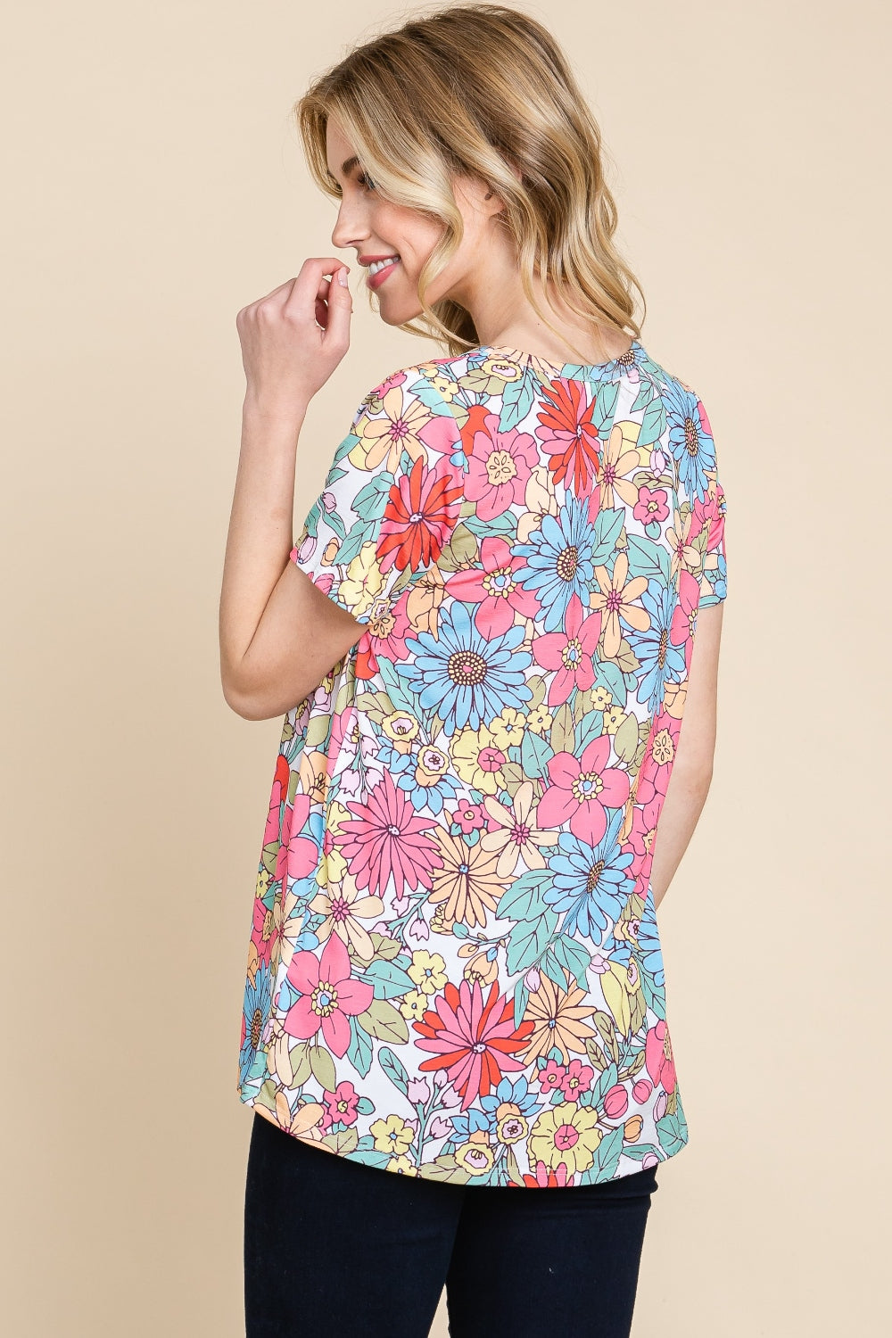 BOMBOM Floral Short Sleeve T-Shirt - TOPS - Floral print