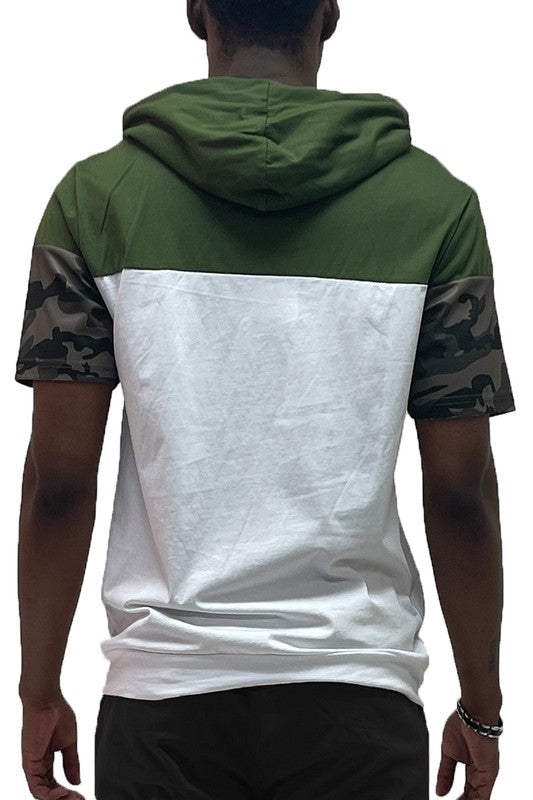 Camo and Solid Design Block Hooded Shirt Smile Sparker