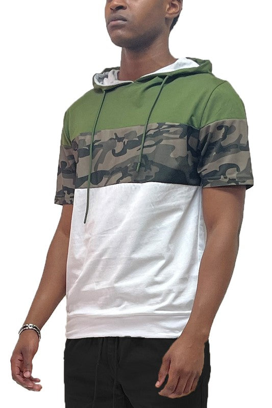 Camo and Solid Design Block Hooded Shirt Smile Sparker