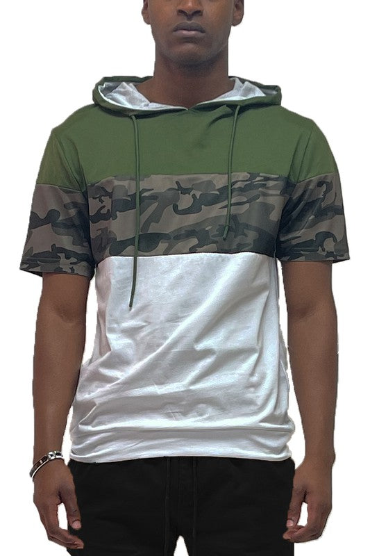 Camo and Solid Design Block Hooded Shirt Smile Sparker