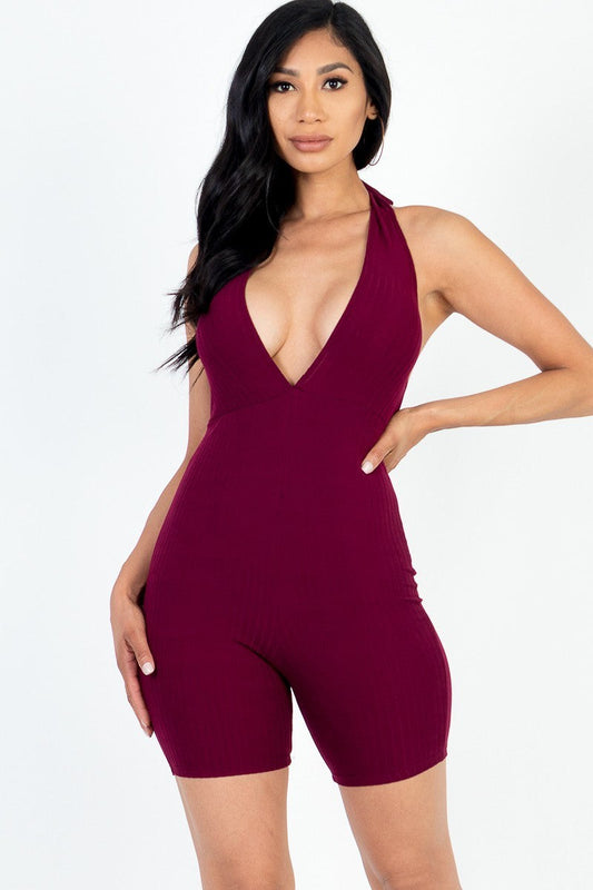 Casual Solid Halter V Neck Ribbed Bodycon Romper Smile Sparker