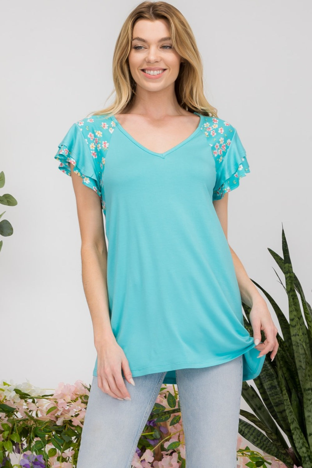 Celeste Full Size Floral Contrast Short Sleeve Top - Mint Floral / S - TOPS - Mixed