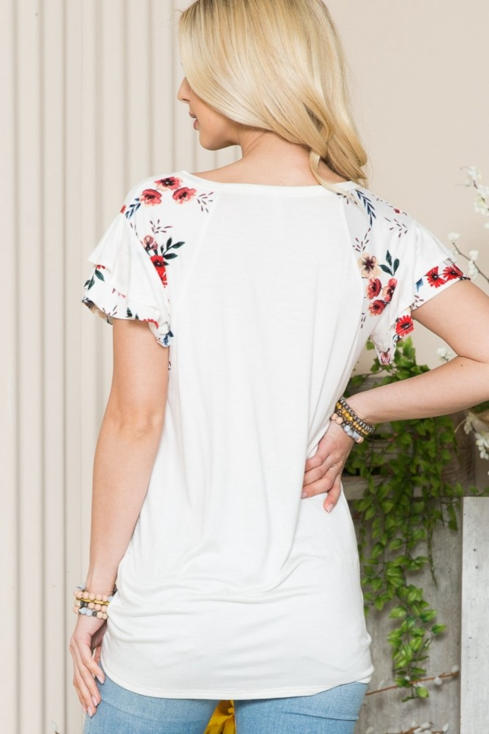 Celeste Full Size Floral Contrast Short Sleeve Top - TOPS - Mixed