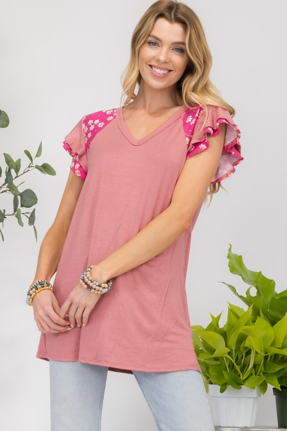 Celeste Full Size Floral Contrast Short Sleeve Top - TOPS - Mixed