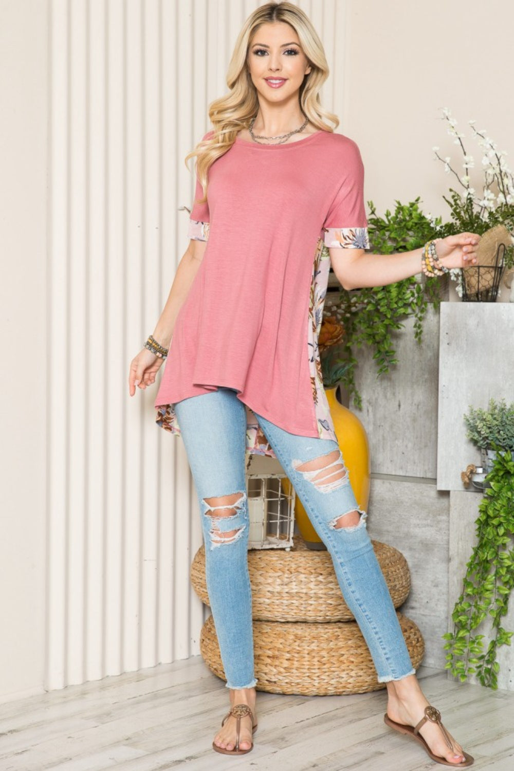 Celeste Full Size Flower Color Block Cross Back T-Shirt - TOPS - Pink